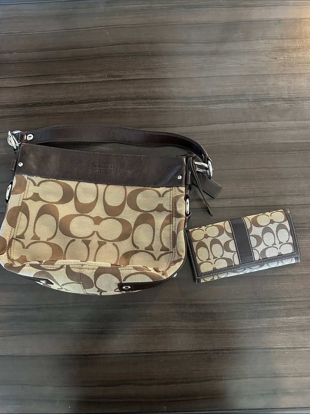 Coach Tan and Brown Signature Canvas Shoulder Bag with wallet